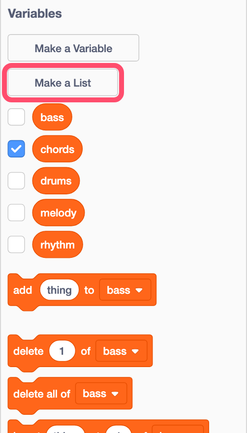 The Make a List button in Variables