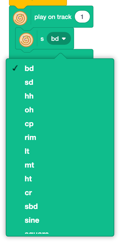 The menu of sounds of the s block: bd, sd, hh and more
