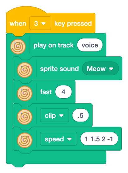 Key 3 plays sprite sound with fast 4, clip .5 and speed 1 1.5 2 -1 under it