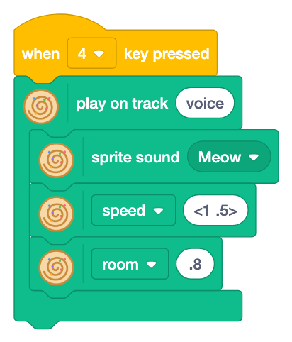 Key 4 plays sprite sound with speed <1 .5> and room .8 under it