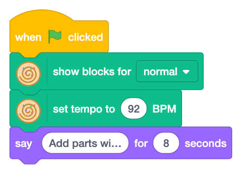 The green flag shows normal blocks and sets tempo to 92