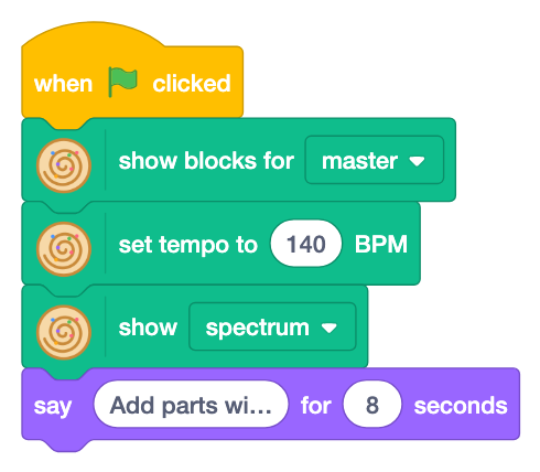 The green flag shows master blocks, sets tempo to 140 and shows the spectrum