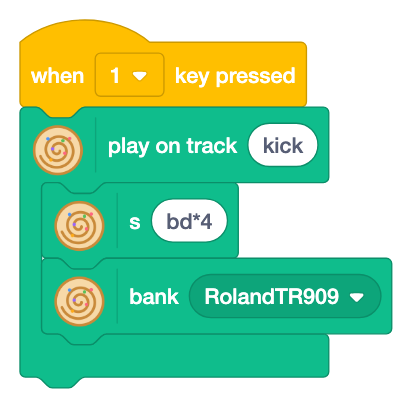 Key 1 plays track kick, with s bd*4 and bank RolandTR909