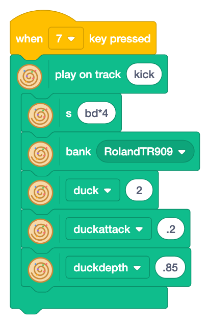 Key 7 plays track kick, with s bd*4, bank RolandTR909, duck 2, duckattack .2 and duckdepth .85