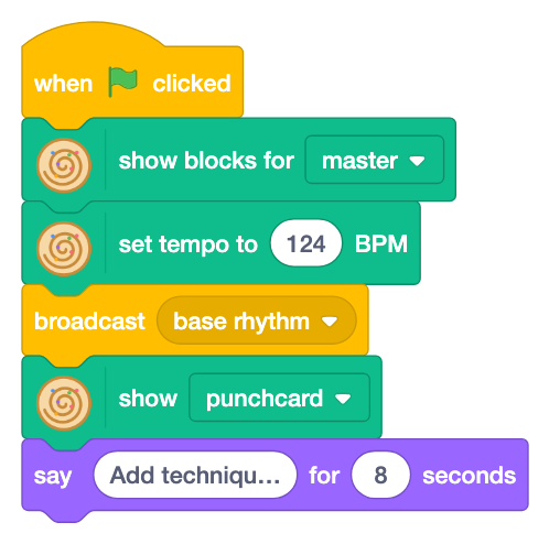 The green flag shows master blocks, sets tempo to 124, broadcasts base rhythm and shows the punch card