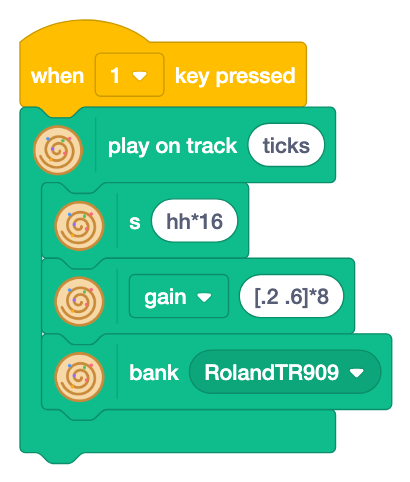 Key 1 plays on track ticks: s hh*16, gain [.2 .6]*8 and bank RolandTR909