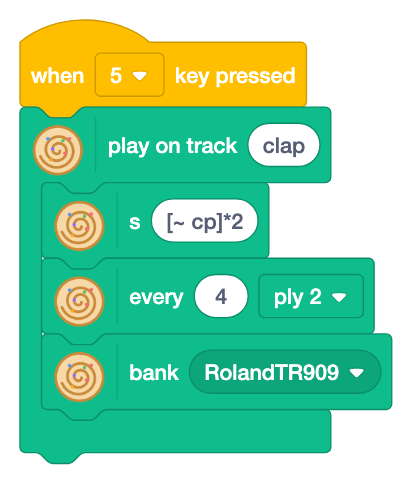 Key 5 plays on track clap: s [~ cp]*2, every 4 ply 2 and bank RolandTR909