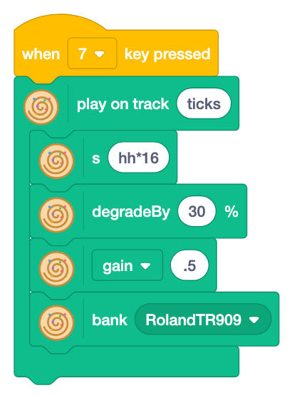 Key 7 plays on track ticks: s hh*16, degradeBy 30 %, gain .5 and bank RolandTR909