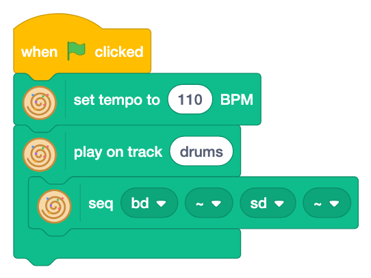 Set tempo to 110, and play on track drums, with seq bd ~ sd ~ in it