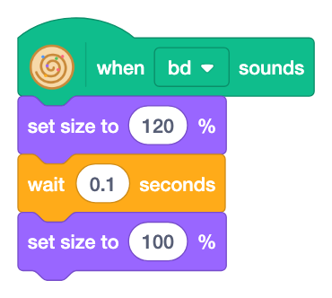 When bd sounds, set size to 120%, wait 0.1 seconds, set size to 100%