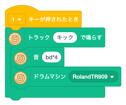1キーで、トラック キック の中に s bd*4 と bank RolandTR909