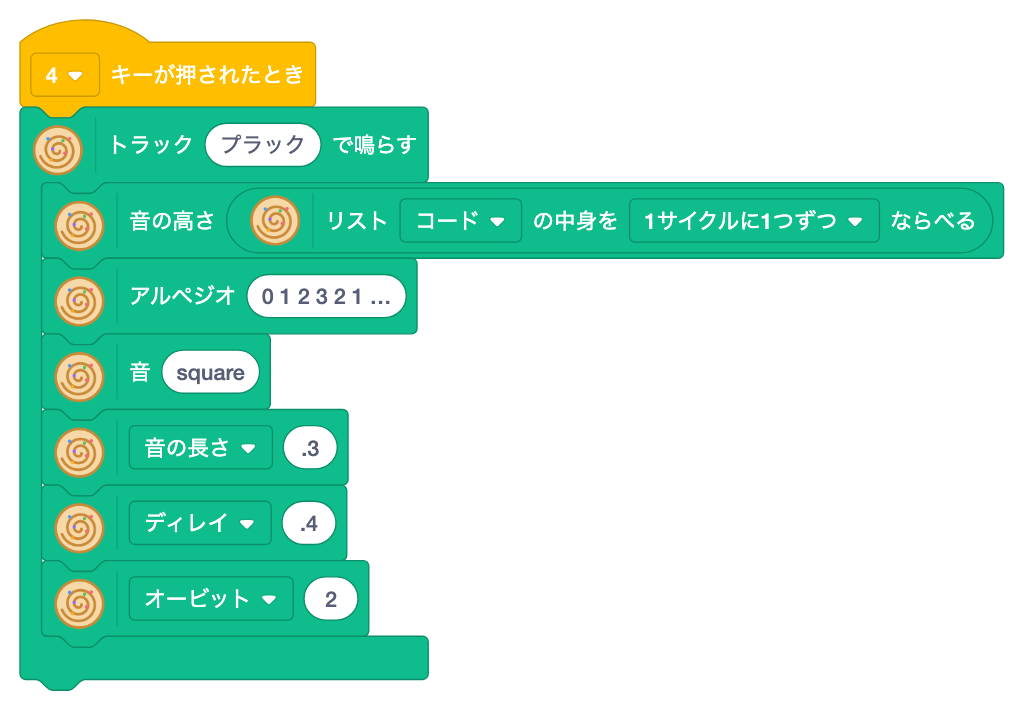 4キーで、トラック プラック の中に、リスト コード の note と arp と s square と clip .3 と delay .4 と orbit 2