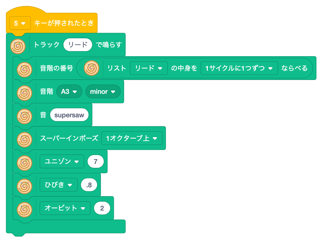 5キーで、トラック リード の中に、リスト リード の n と scale と s supersaw と superimpose transpose 12 と unison 7 と room .8 と orbit 2