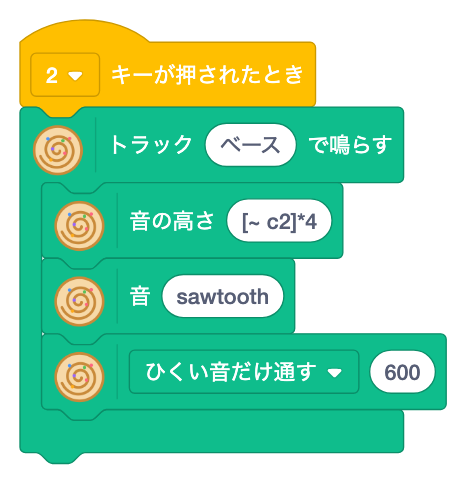 2キーで、トラック ベース の中に 音の高さ [~ c2]*4 と 音 sawtooth と ひくい音だけ通す 600