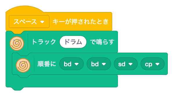 スペースキーで、トラック ドラム を seq bd bd sd cp で鳴らす